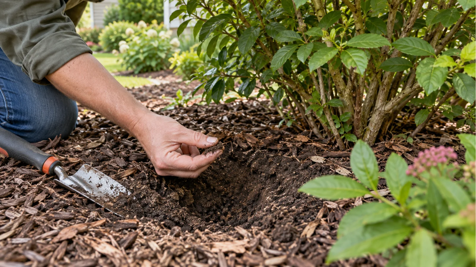A gardener moves mulch aside beneath a shrub canopy and checks soil from a narrow trowel hole