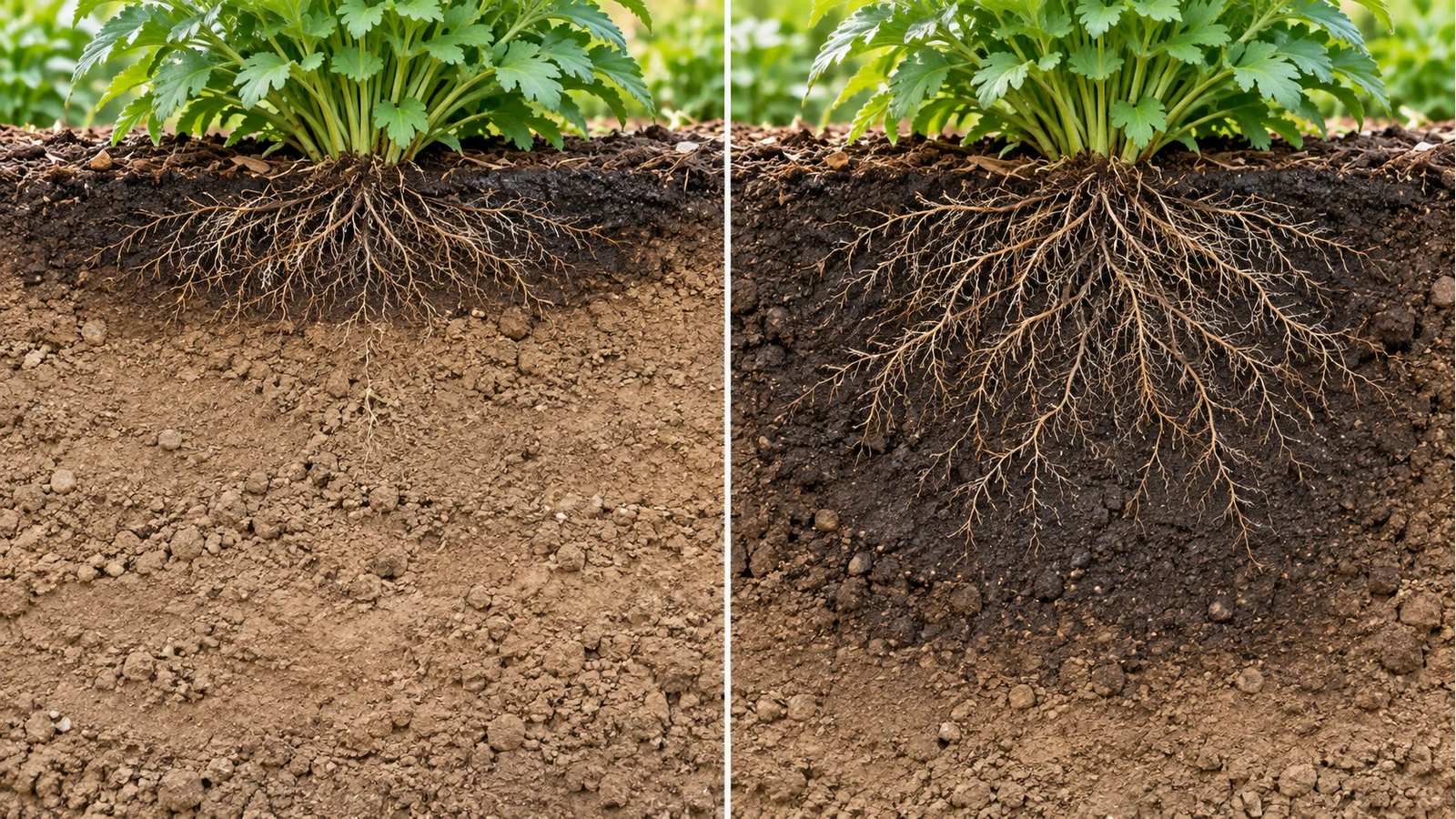 Side-by-side raster soil cutaway showing a shallow dark wet band over dry soil and a broader moist zone around roots
