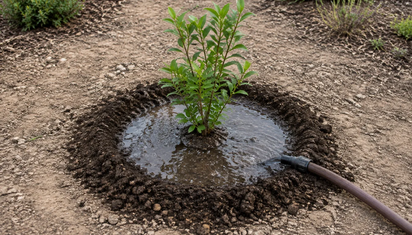 A newly planted young shrub with a low ring of soil mounded into a basin around its base, a hose filling the basin so the water pools inside the ring, with dry pale soil beyond it