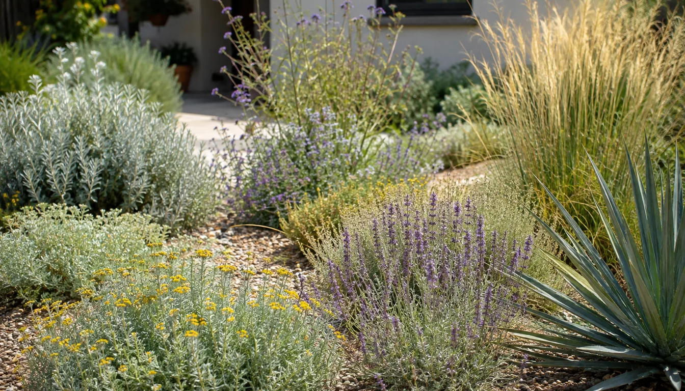 A sunny front garden bed of silver and gray-green drought adapted perennials and ornamental grasses growing in gravel with no lawn