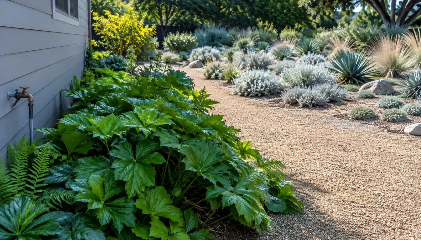 A garden with a dense group of lush green leafy plants growing against the house beside a garden tap, and a much larger sweep of silver drought adapted planting in gravel further out across the garden