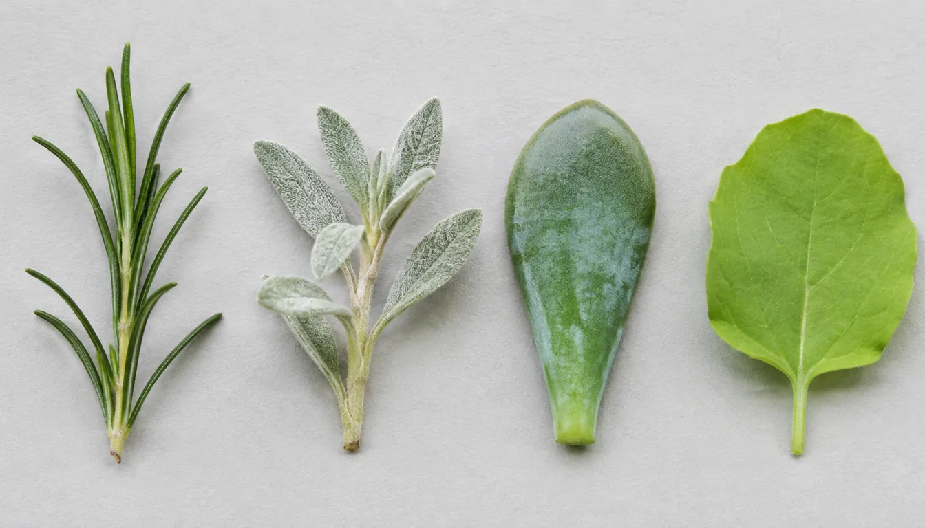 Four leaf samples in a row at the same scale on a plain card, a sprig of narrow needle leaves, a shoot of silver leaves covered in fine hairs, a thick waxy fleshy leaf, and a broad thin soft green leaf