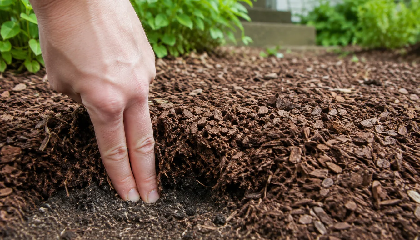 A hand pressing two fingers straight down through a layer of coarse bark mulch to the soil beneath, with the mulch pulled back so the depth of the layer shows in cross section