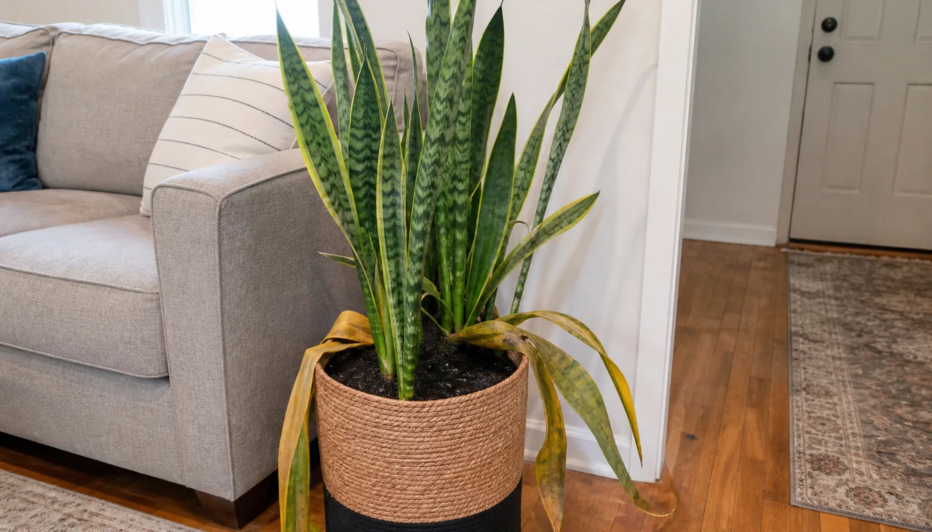 Snake plant with yellowing outer leaves in a woven decorative pot beside a sofa