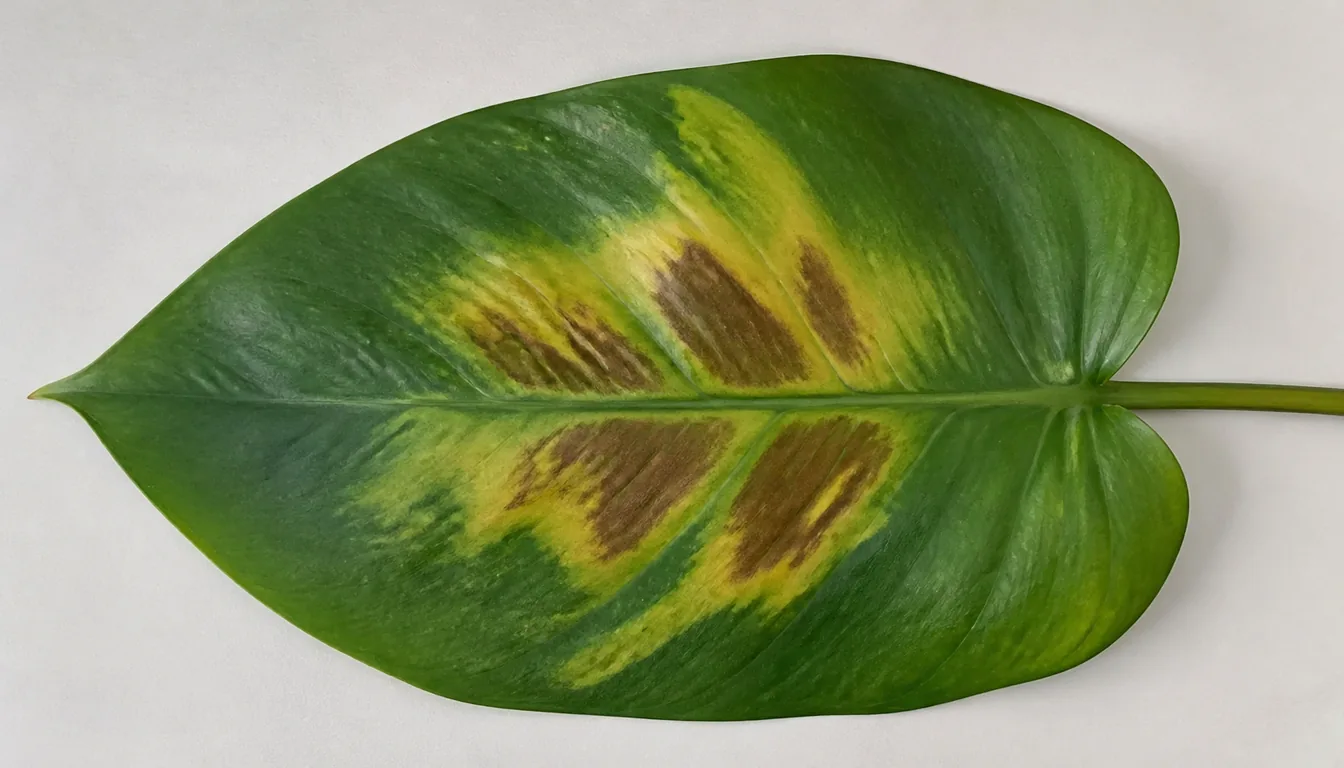 Detached green leaf with brown patches surrounded by yellow areas near its center