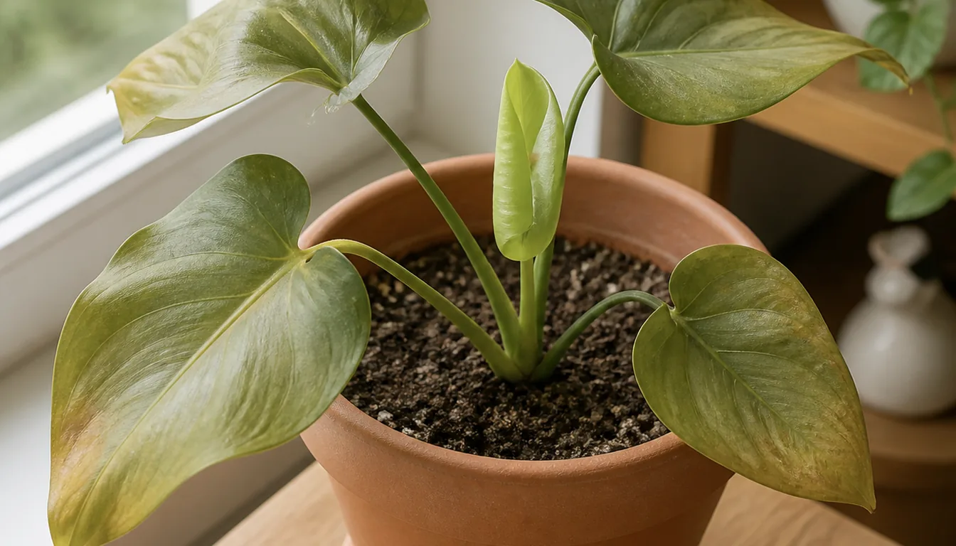 Potted foliage plant with marked older leaves and a light green leaf beginning to unfurl