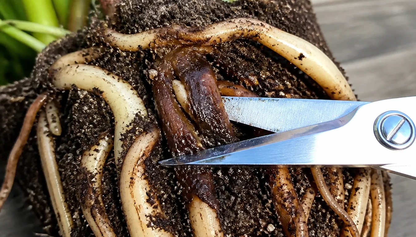 Scissor blades positioned beside a dark root among lighter roots on an exposed root ball