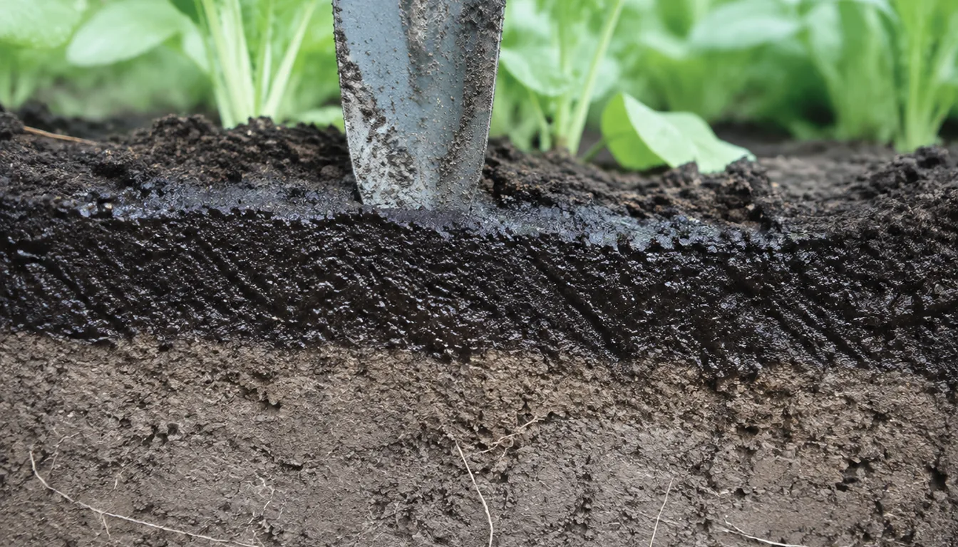 A trowel standing in a cut face of garden soil where a dark glossy wet band across the top stops at a sharp line above pale dry soil with fine roots crossing it