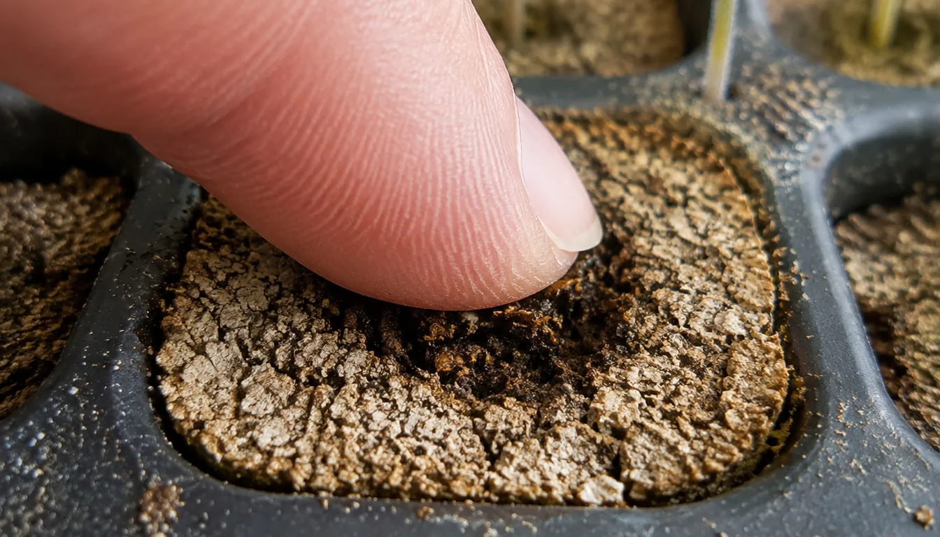 A fingertip breaking a pale dry crust in a seedling cell to reveal darker moist mix below