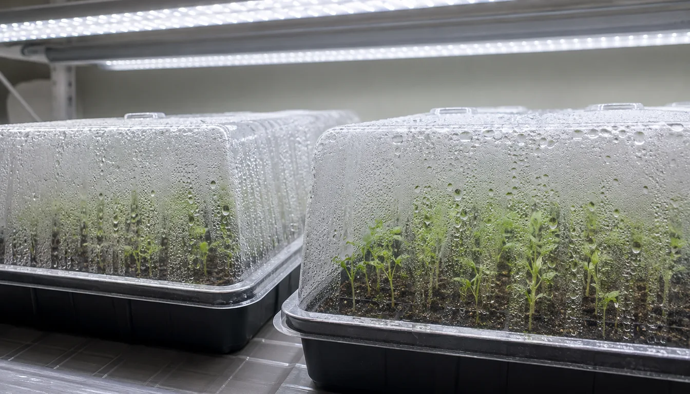 Seedling trays under grow lights with closed humidity domes covered in condensation
