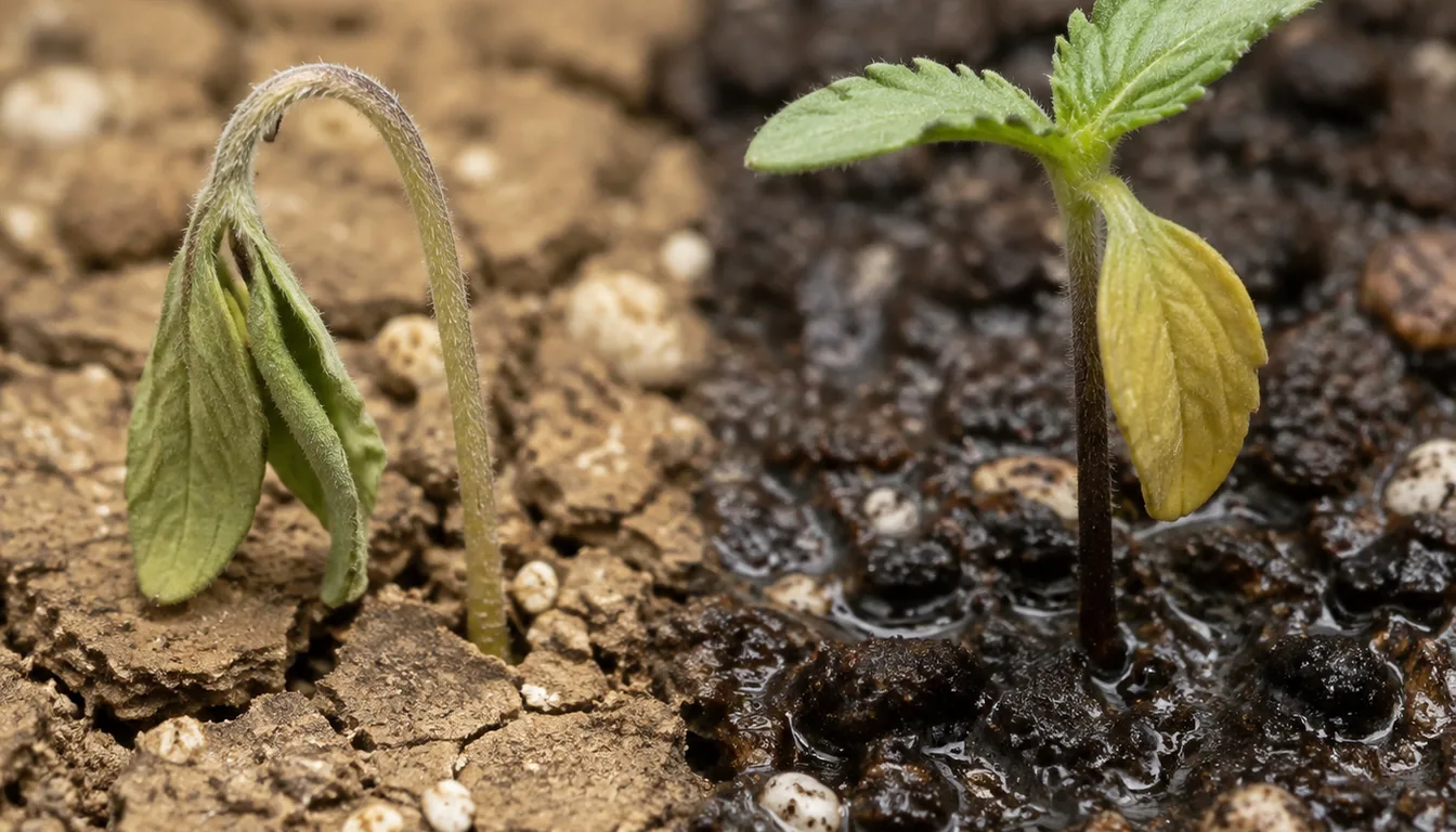 A wilted seedling in pale dry mix beside a yellowing seedling standing in saturated dark mix