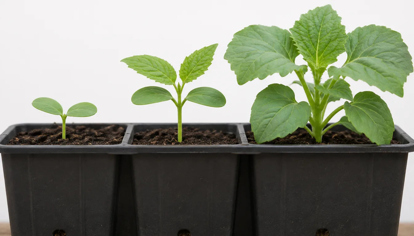 Three seedlings with progressively larger shoots, from cotyledons to several true leaves, in separate tray cells.