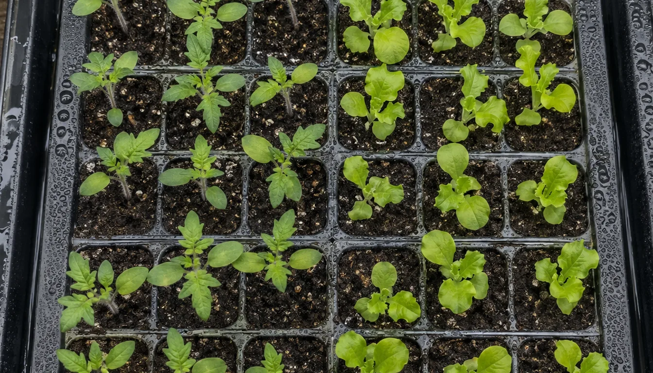 Overhead view of tomato and lettuce seedlings in separate cells of a dark seed tray.