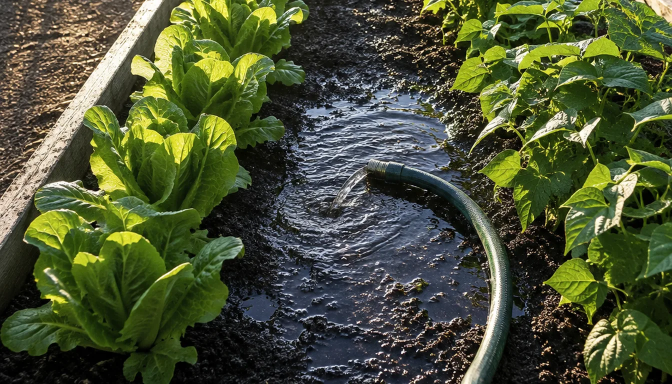 A hose laid on the soil of a raised vegetable bed soaking rows of lettuce and bush beans, with water pooling on the surface and the wet soil darker than the dry path beside it