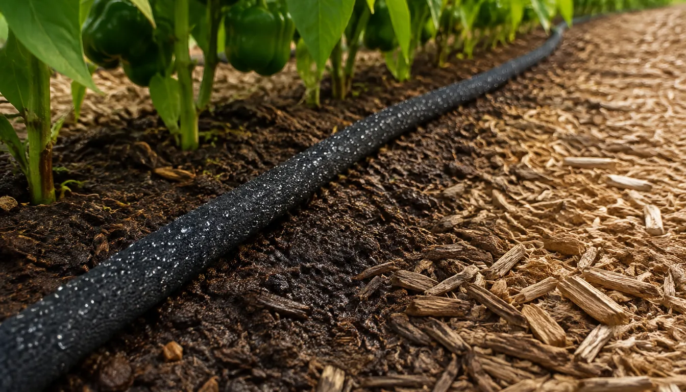 A soaker hose running along a row of pepper plants where the soil on one side is dark and damp and the bark mulch on the other stays dry and pale