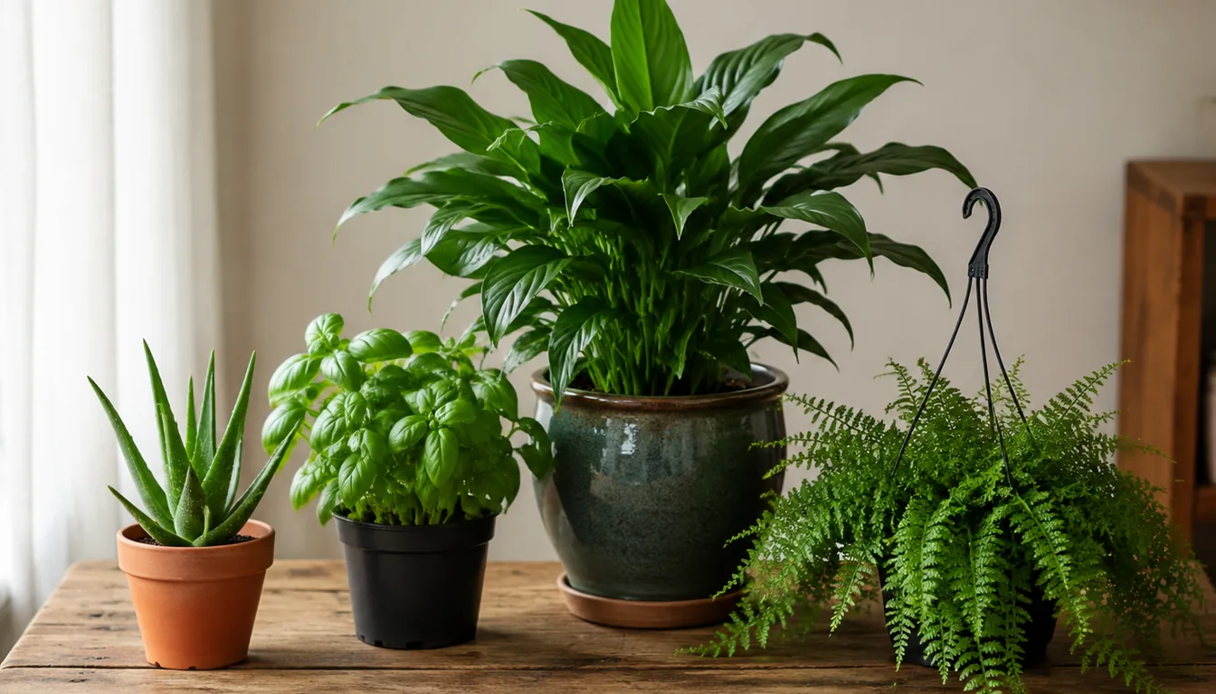 An aloe, basil, a broad-leaved houseplant, and a fern in different containers