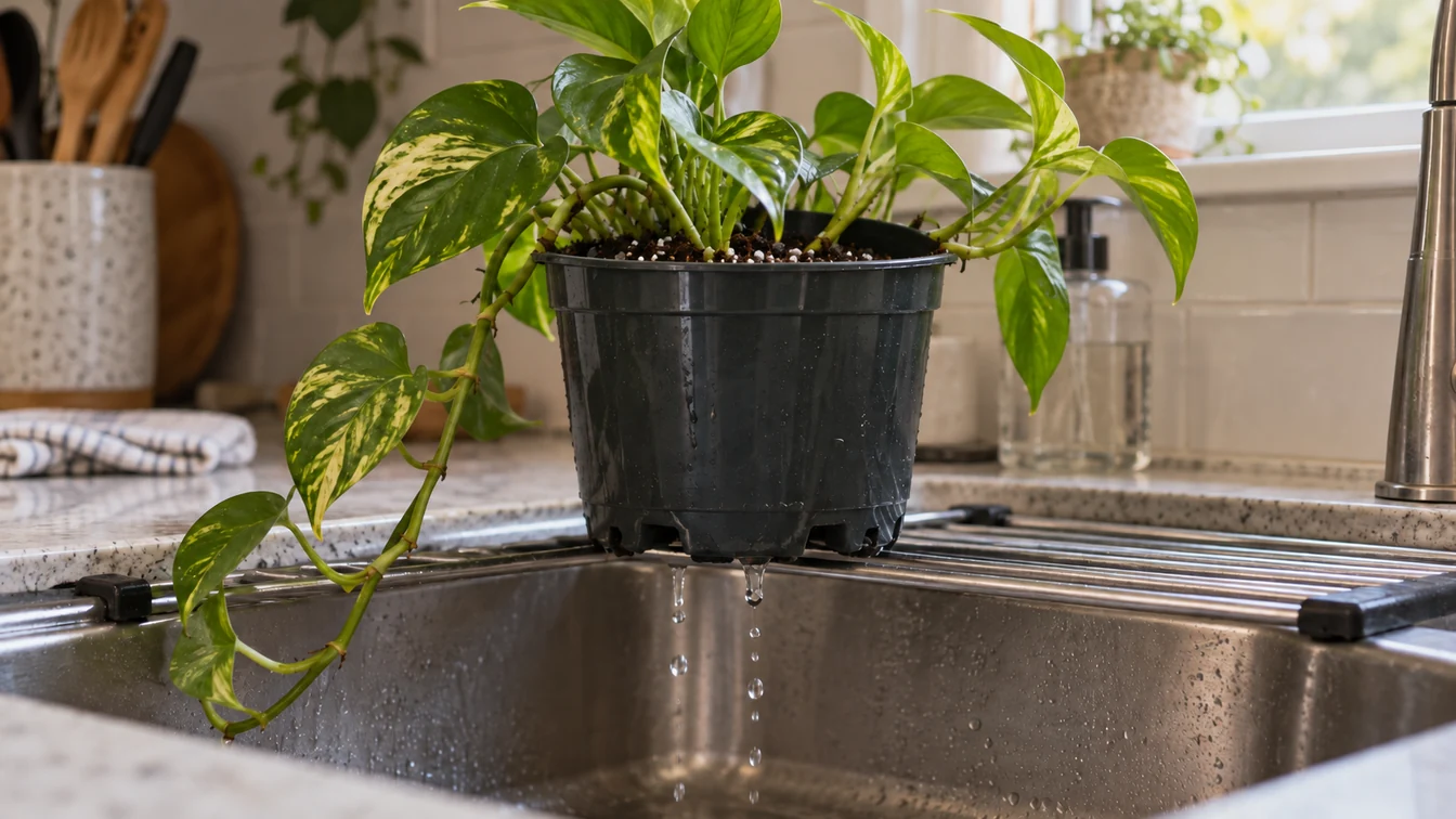 A pothos in a nursery pot on a rack over a sink, with water dripping from the bottom drainage openings