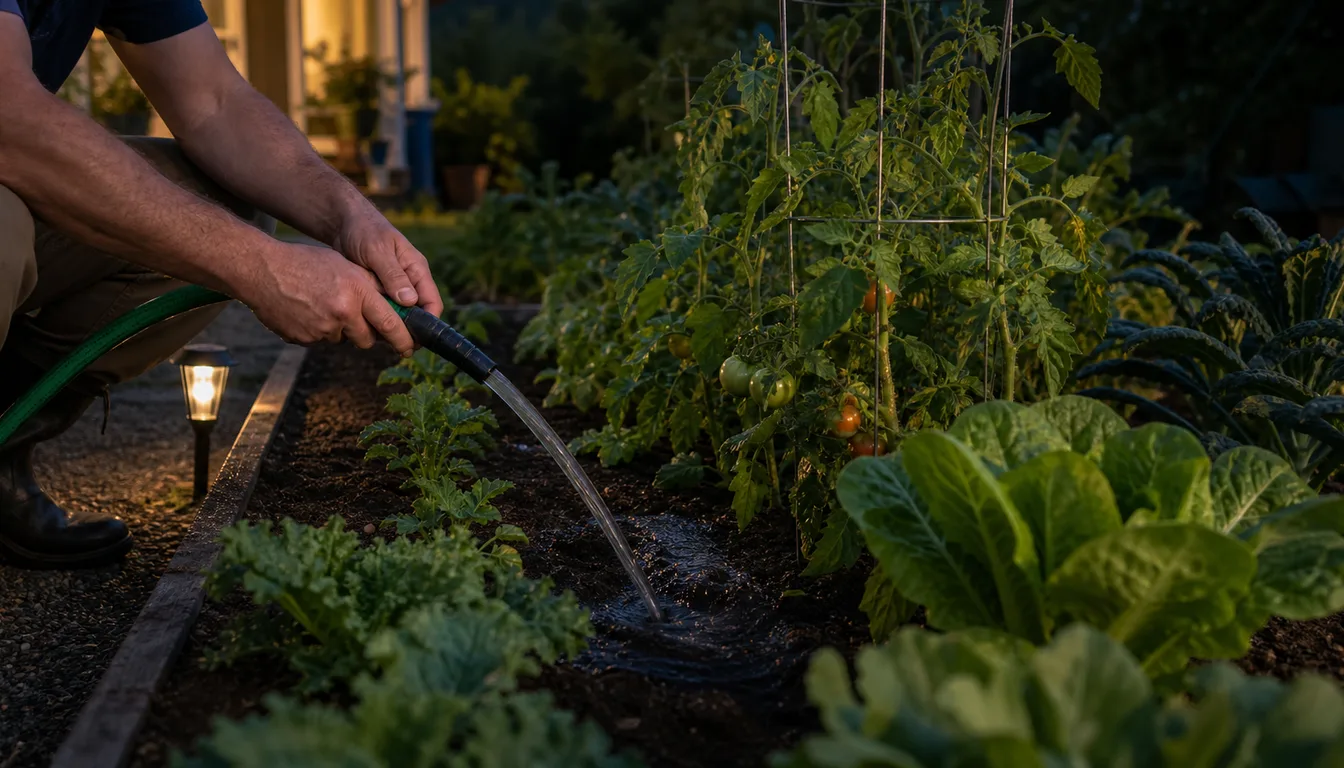 watering vegetable garden soil at night with hose kept low