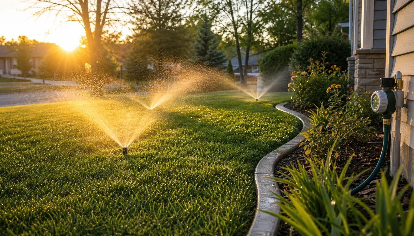 home lawn being watered in early morning light