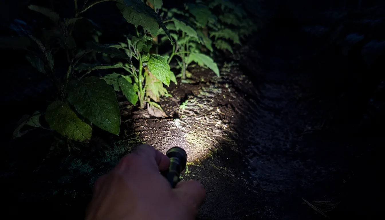 A torch throwing a tight pool of light onto the soil at the base of vegetable plants after dark, showing wet soil and water still beaded on the lower leaves