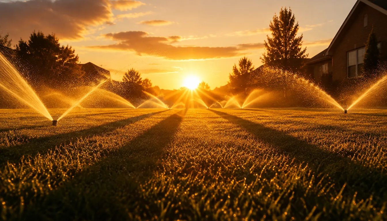 Lawn sprinklers running across a suburban lawn at first light with the spray arcs lit from behind by the low sun and long shadows stretching across the wet grass