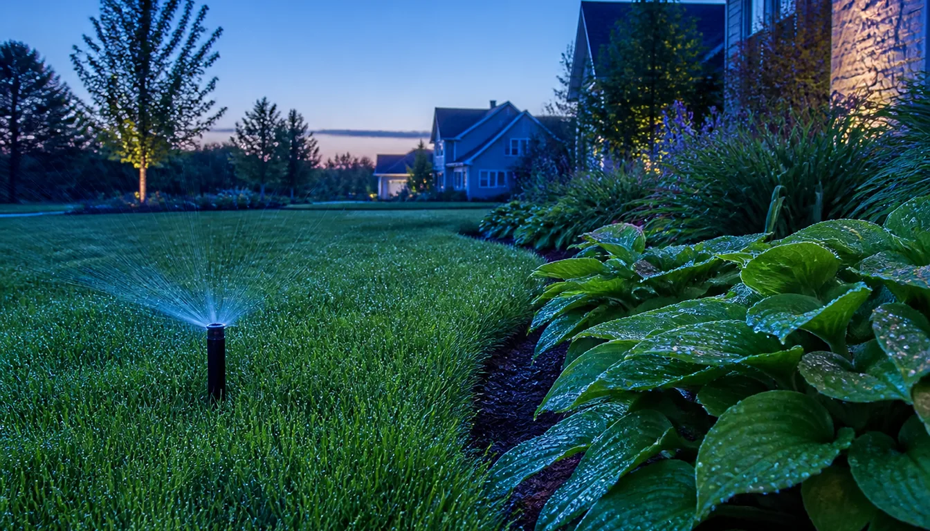 A lawn sprinkler settling at clear blue twilight with water droplets left sitting on the grass tips and on the flat hosta leaves at the border edge