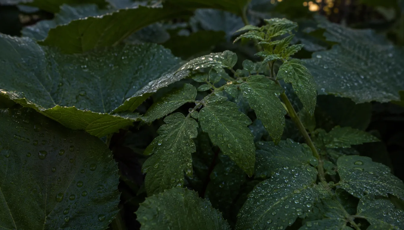 Close view of squash and tomato foliage at dusk with water droplets standing on the upper leaf surfaces
