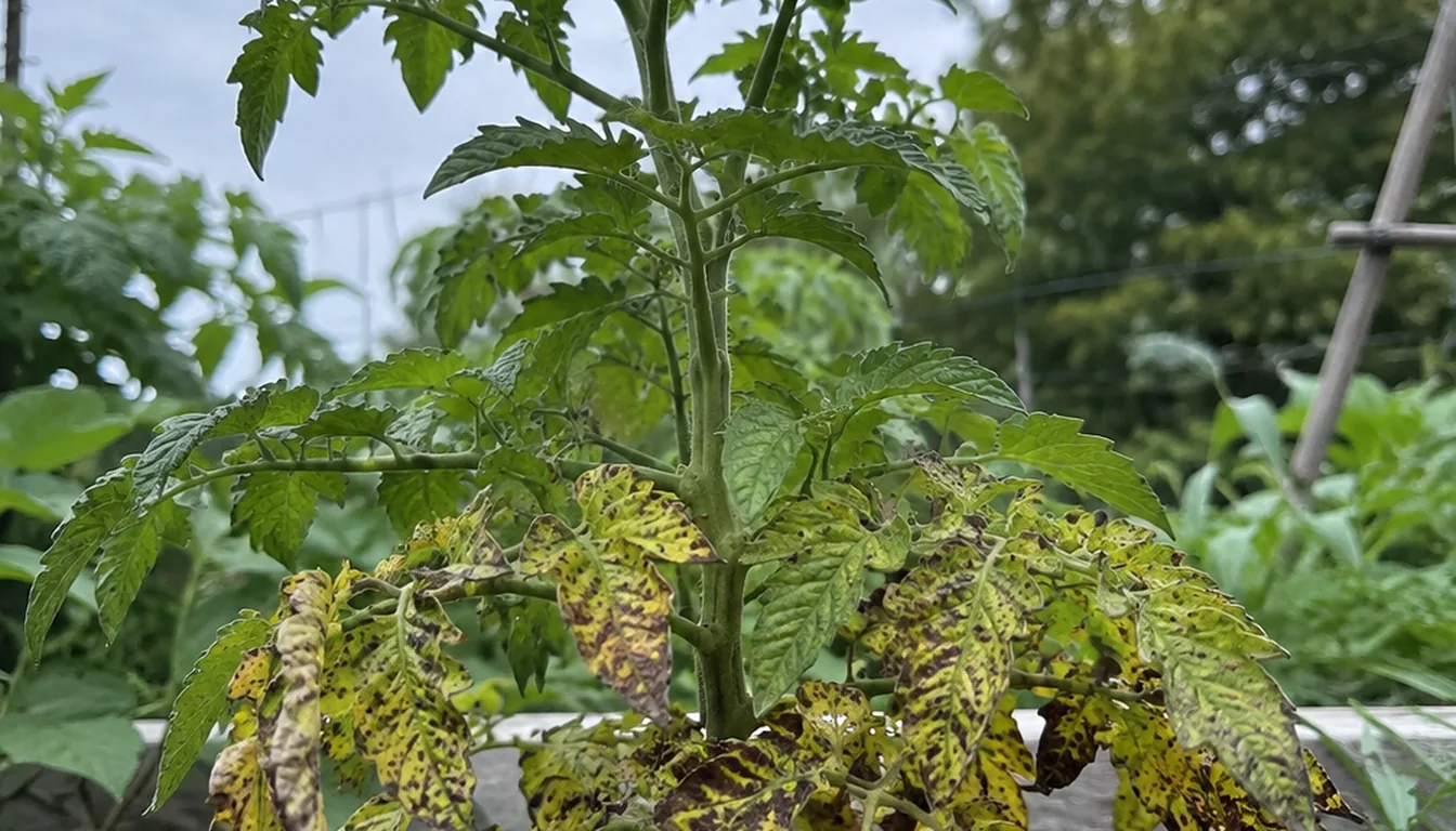 Lower leaves of a tomato plant showing brown and yellow fungal spotting while the upper foliage stays green