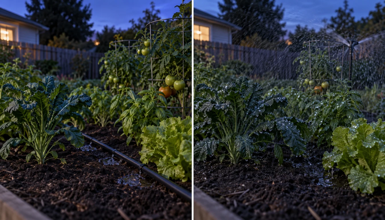 The same vegetable bed at dusk with drip irrigation keeping leaves dry beside overhead spray wetting the entire canopy