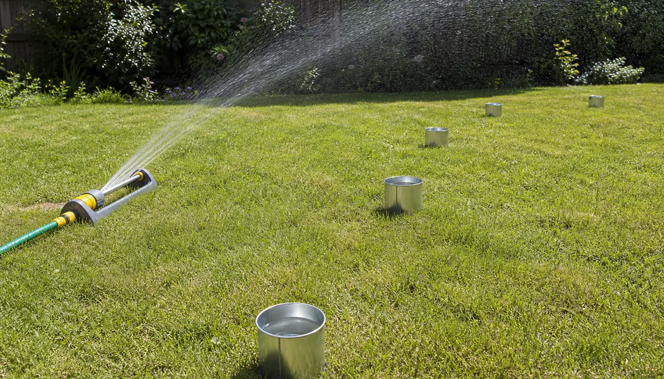 Several shallow catch cups positioned across a lawn during a sprinkler test