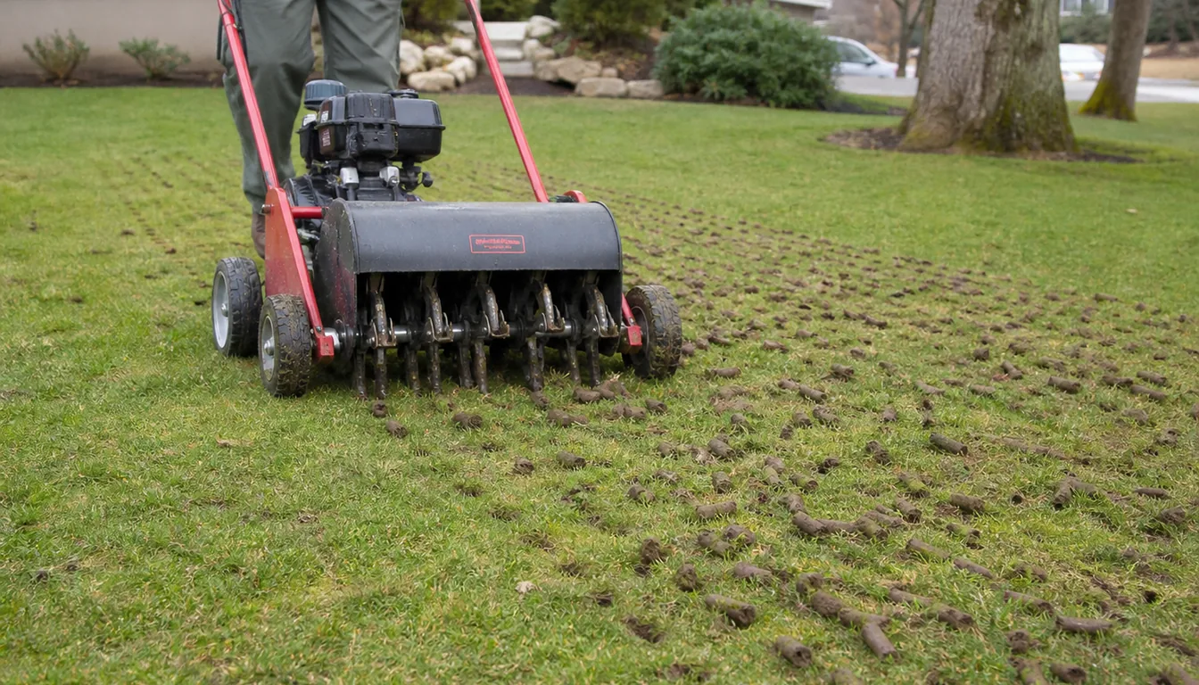 A core aerator removing soil plugs from a lawn that is firm enough to support the machine