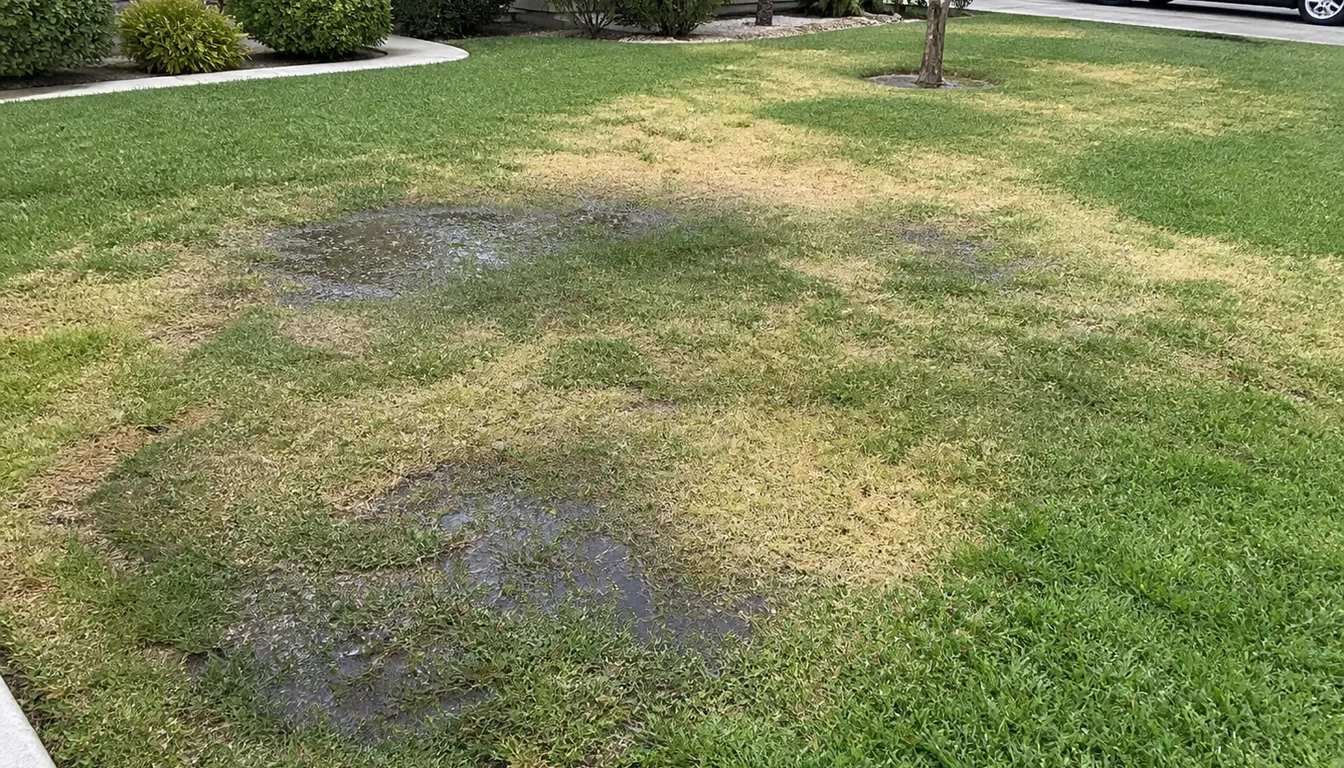 A lawn with pale thinning turf and dark saturated low spots around an active sprinkler