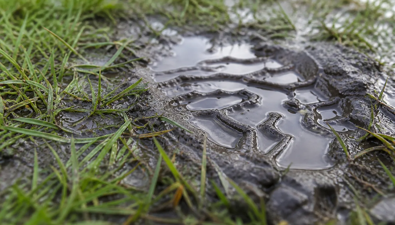 Glossy saturated soil and standing water visible between lawn grass blades