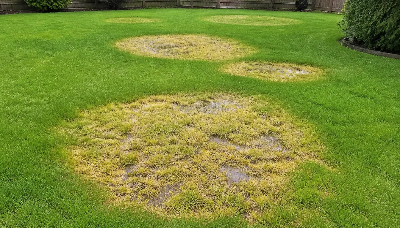 Irregular pale yellow patches in a lawn with darker green turf around them