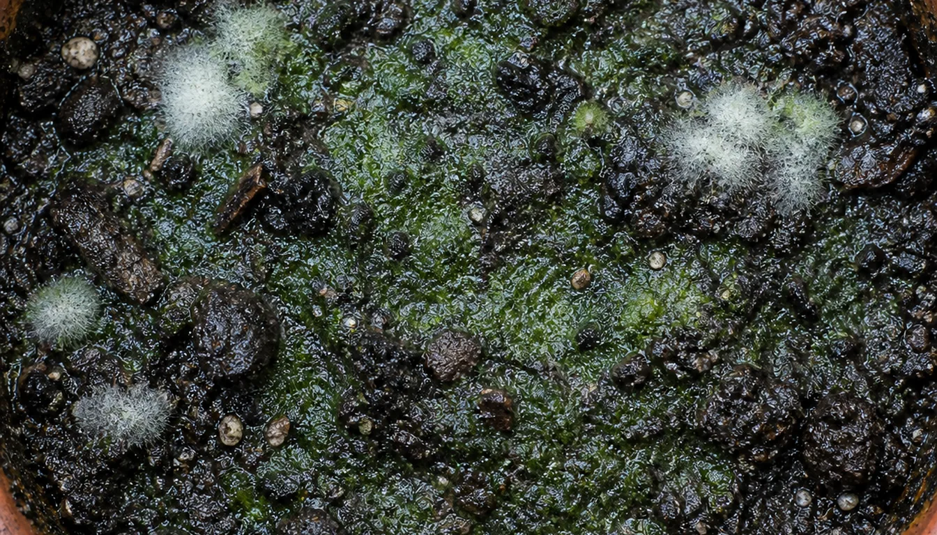 Green coating and scattered white fuzzy patches across dark potting mix inside a terracotta rim