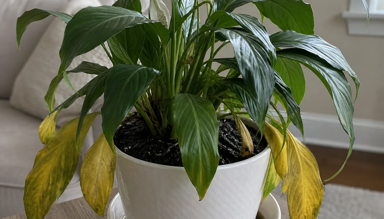 A potted peace lily with drooping green leaves, yellow lower leaves, and dark glossy potting mix