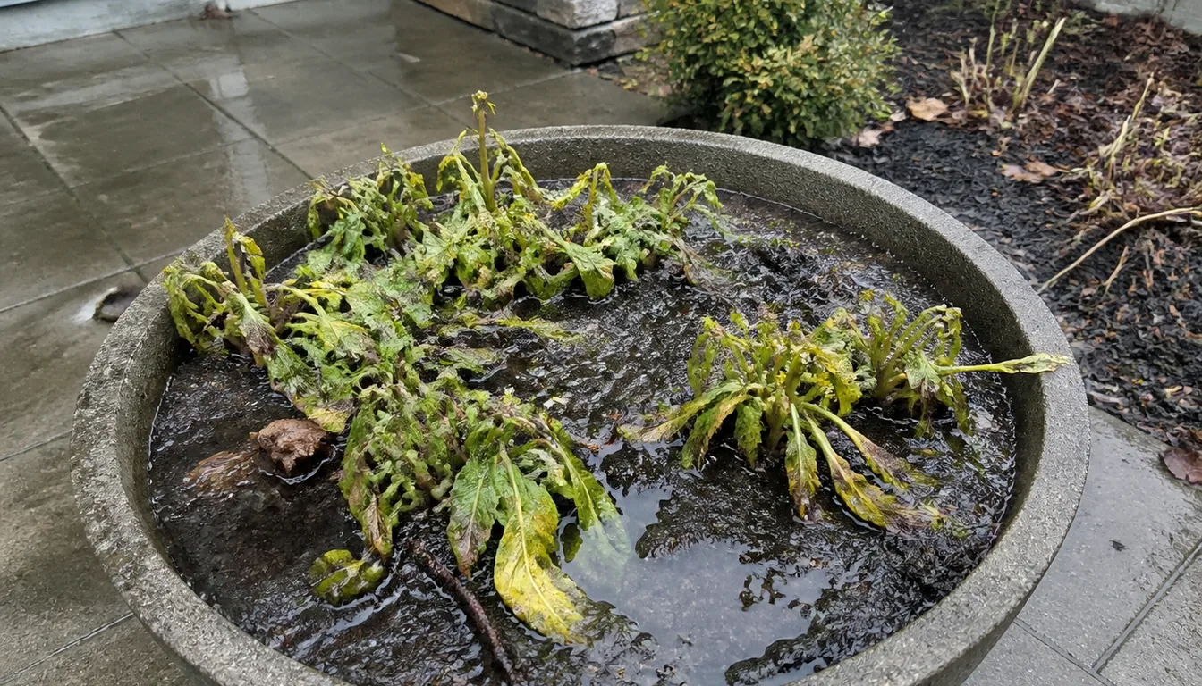 A collapsed yellowing plant in an outdoor stone planter whose soil surface is under standing water after rain, with wet paving around it