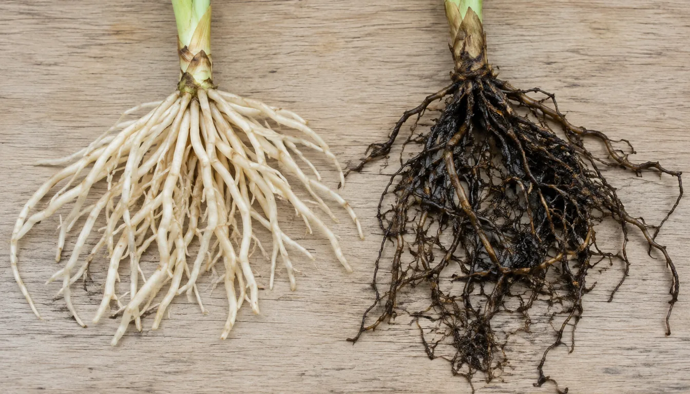 Two exposed root systems on wood, with thick pale roots on the left and darker, thinner tangled roots on the right