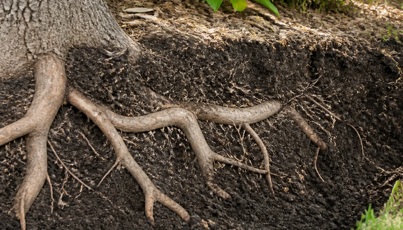 A cut face of soil beside a tree trunk showing woody roots running sideways through the upper layer of soil and spreading away from the trunk rather than downward