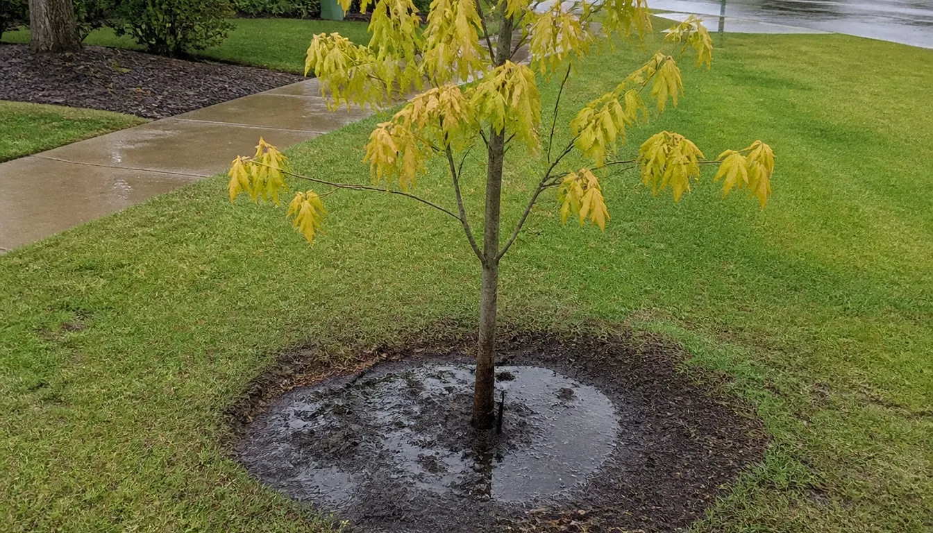 The base of a landscape tree in a lawn with water pooling on the saturated ground around the trunk