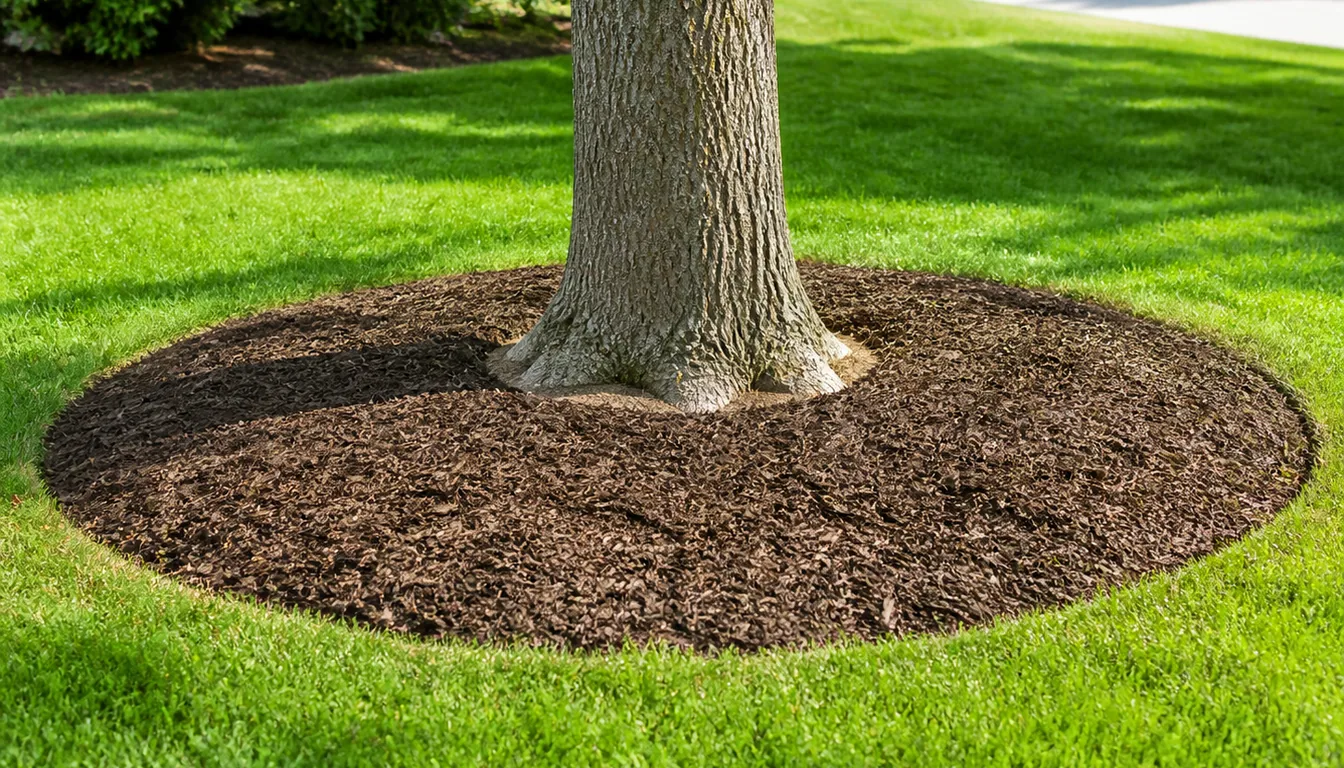 A flat even mulch ring spread around a tree in a mown lawn, pulled back from the trunk so the flare where the trunk widens into the roots stays visible