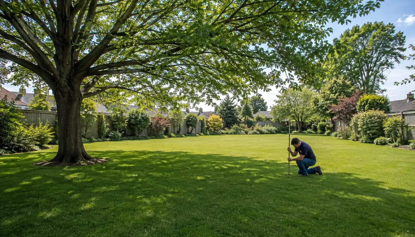 A person kneeling on open lawn several meters from a large tree, pushing a long metal soil probe into the turf under the outer edge of the spreading canopy