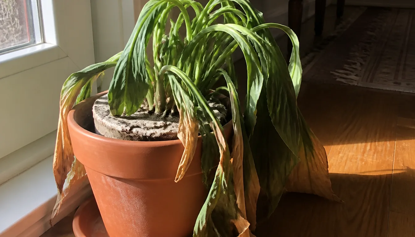 A houseplant by a sunny window with its leaves collapsed over the rim of a terracotta pot, the lower leaves brown and papery and the soil surface dry and crusted