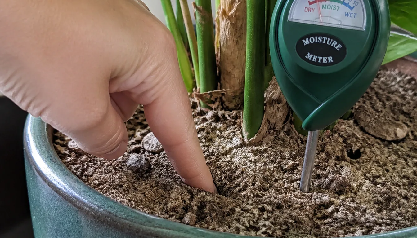A finger checking potting mix beside a moisture-meter probe