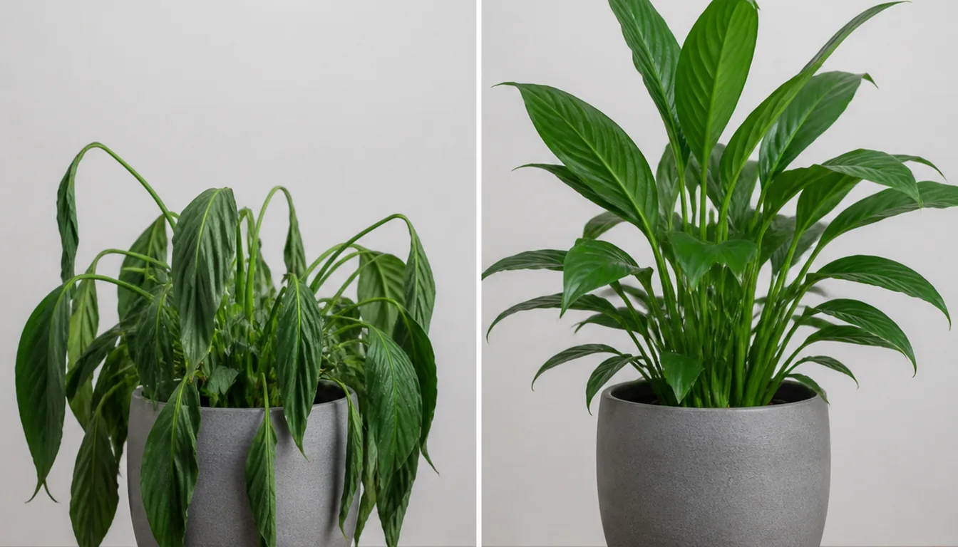 Side-by-side illustration of wilted and upright peace lily foliage in gray pots