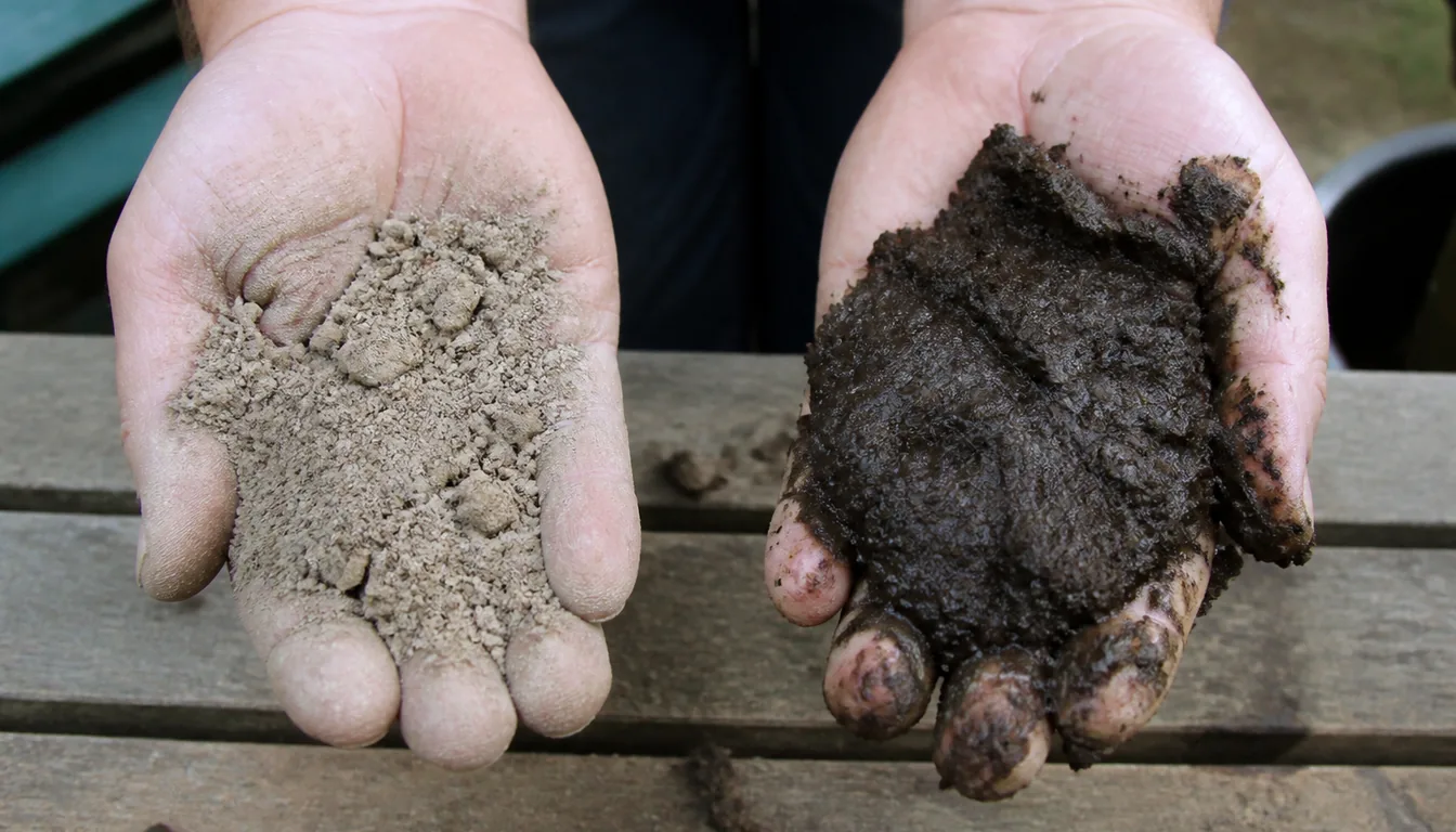 Two hands holding pale loose soil and darker wet clumped material