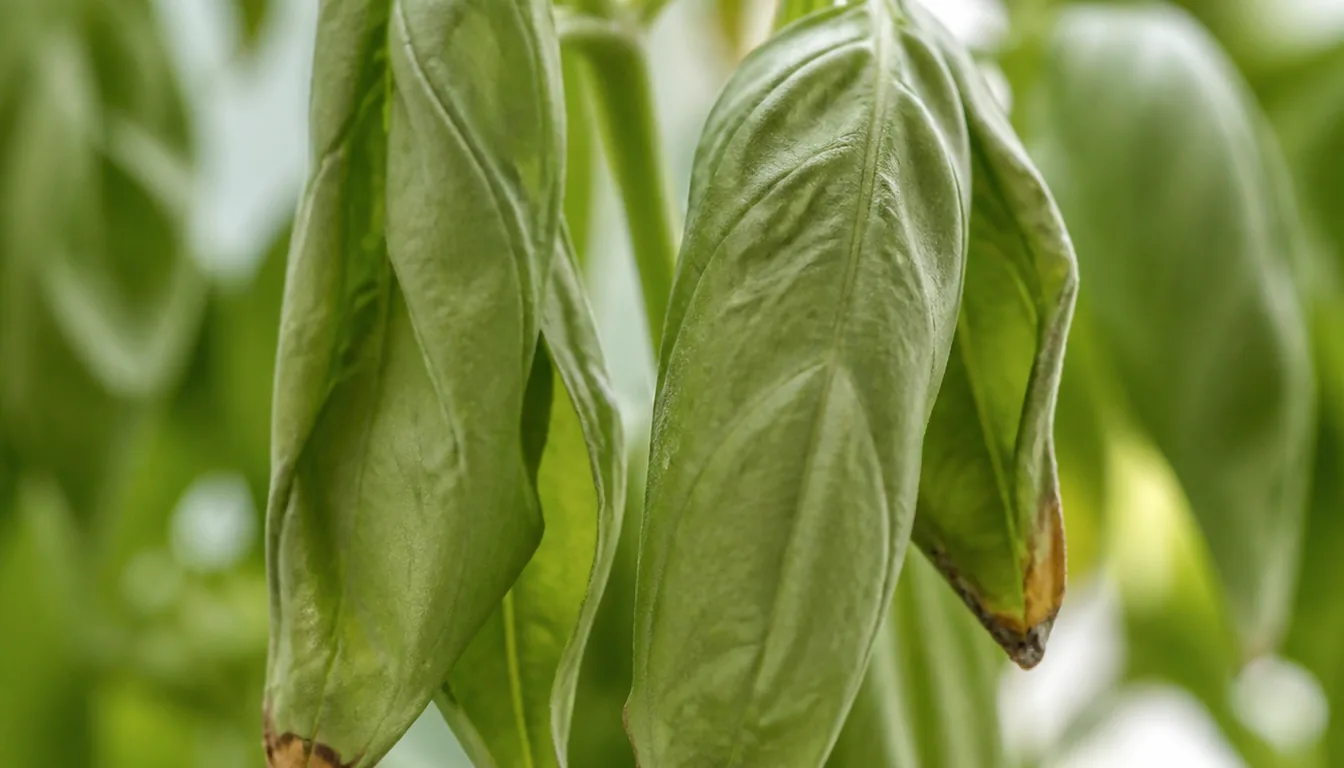Close view of a wilted houseplant with limp curled leaves and dry brown edges above pale potting mix