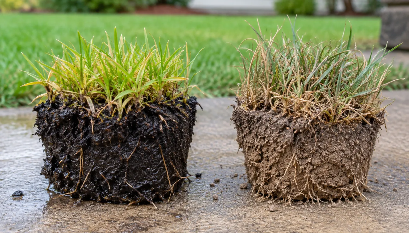 Two turf plugs side by side, one with glossy saturated dark soil and one with pale dry crumbly soil