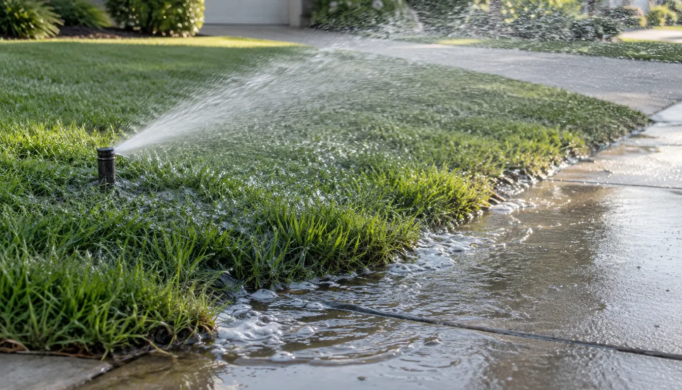 A pop-up sprinkler saturating a lawn edge while water runs across the adjoining concrete sidewalk