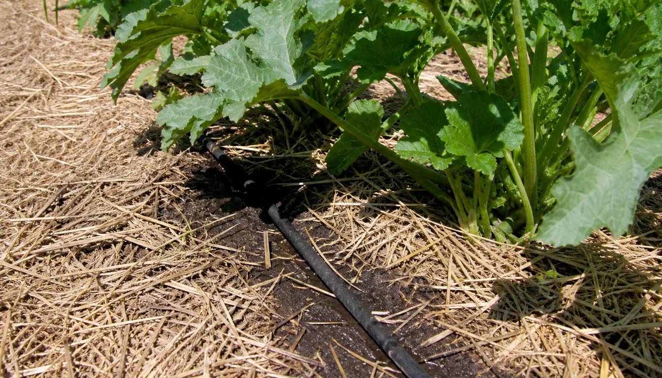 Soaker hose running along the base of a vegetable row under mulch with water darkening the soil and the foliage above staying dry